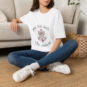 Pink Bow & Anchor Graphic Fitted Tee, “Lake Erie Girls Stay Anchored”